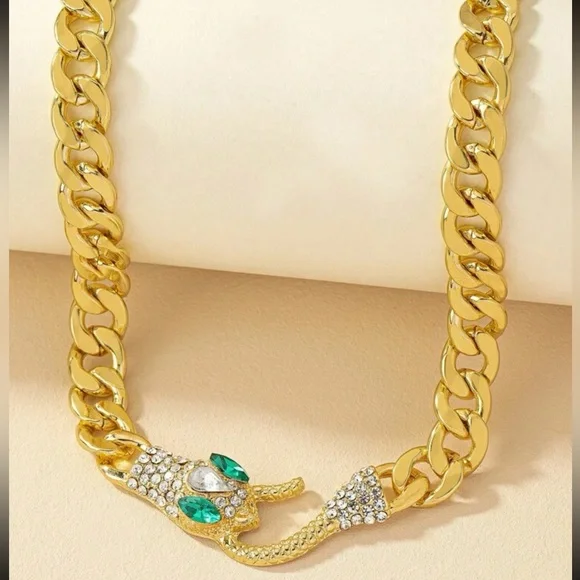 Simulated Diamond Inlaid Snake Head & Tail, Emerald Color eyes Goldtone Necklace - Picture 4 of 9